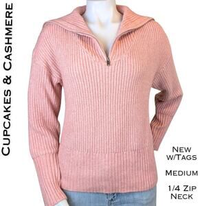 NEW Cupcakes And Cashmere Sweater Medium Pink Half Zip Ribbed Knit Collared